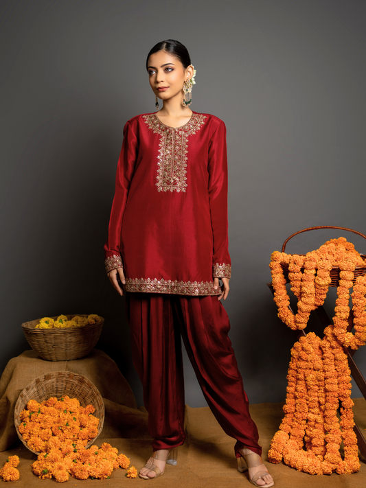 Cherry Red Dhoti Set