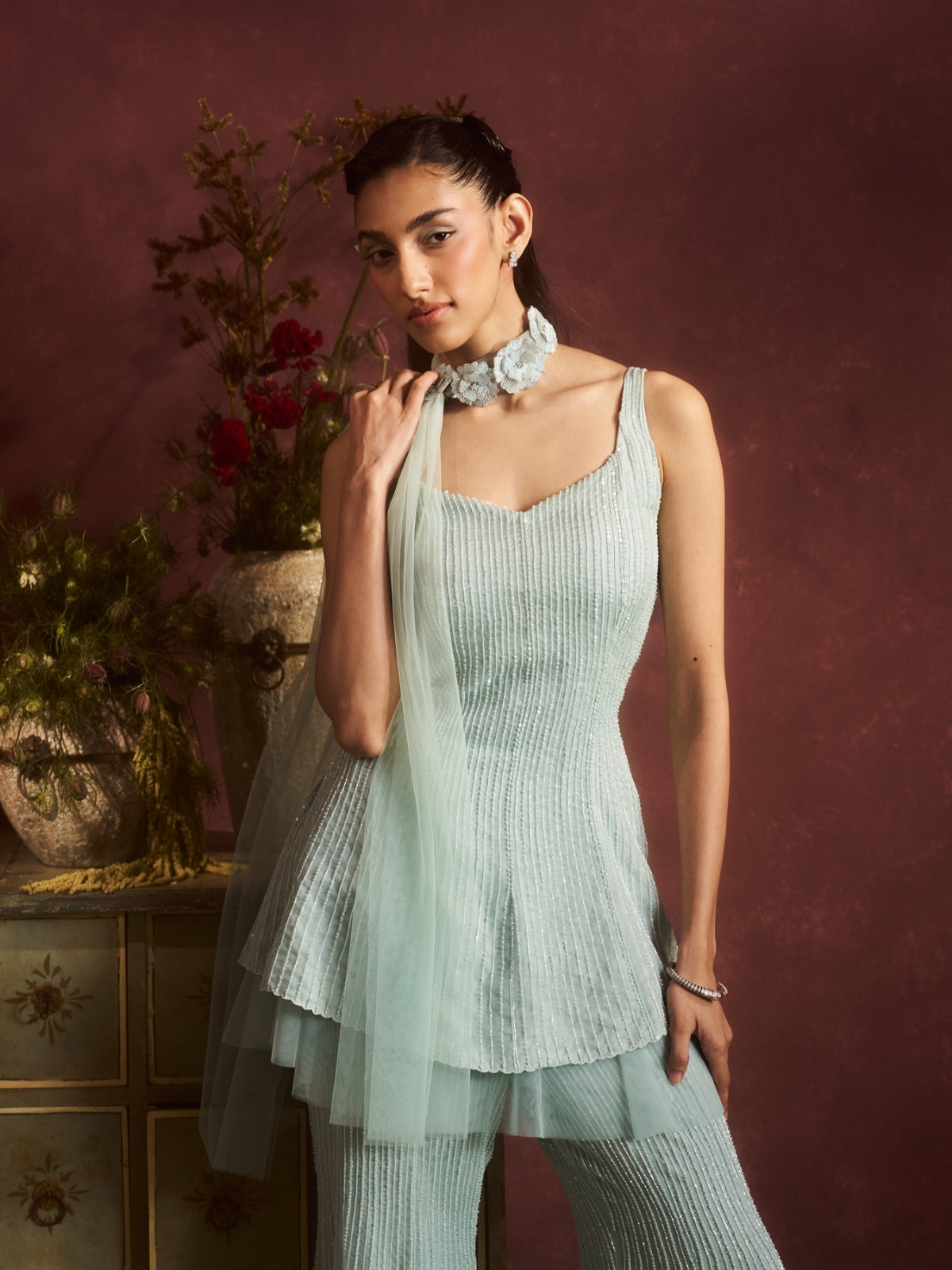 Aqua Pleated Peplum Set