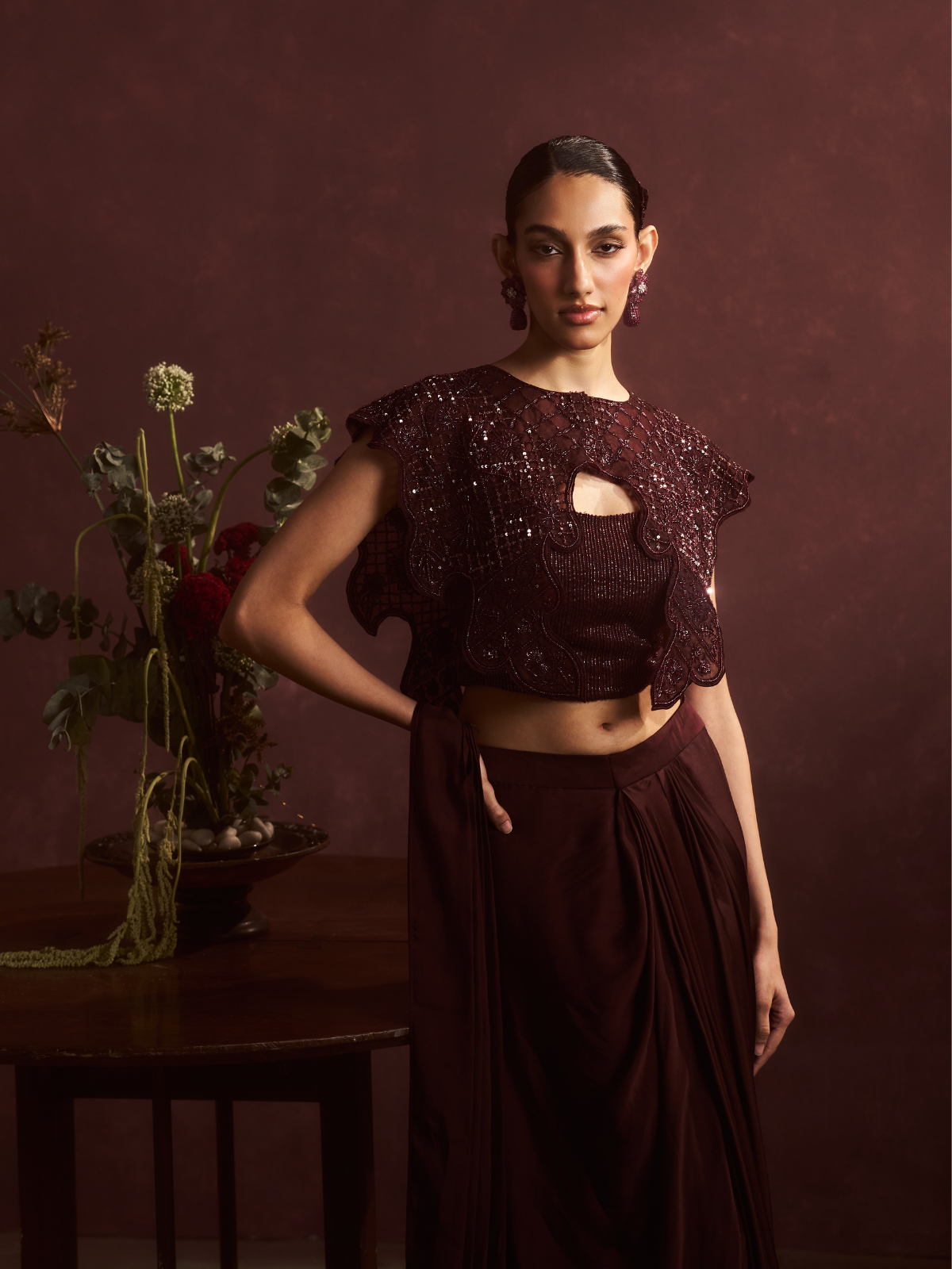 Burgundy Sequin Cape Set