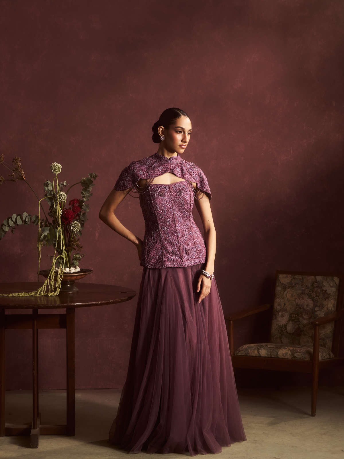 Mauve Embroidered Cape Lehenga Set