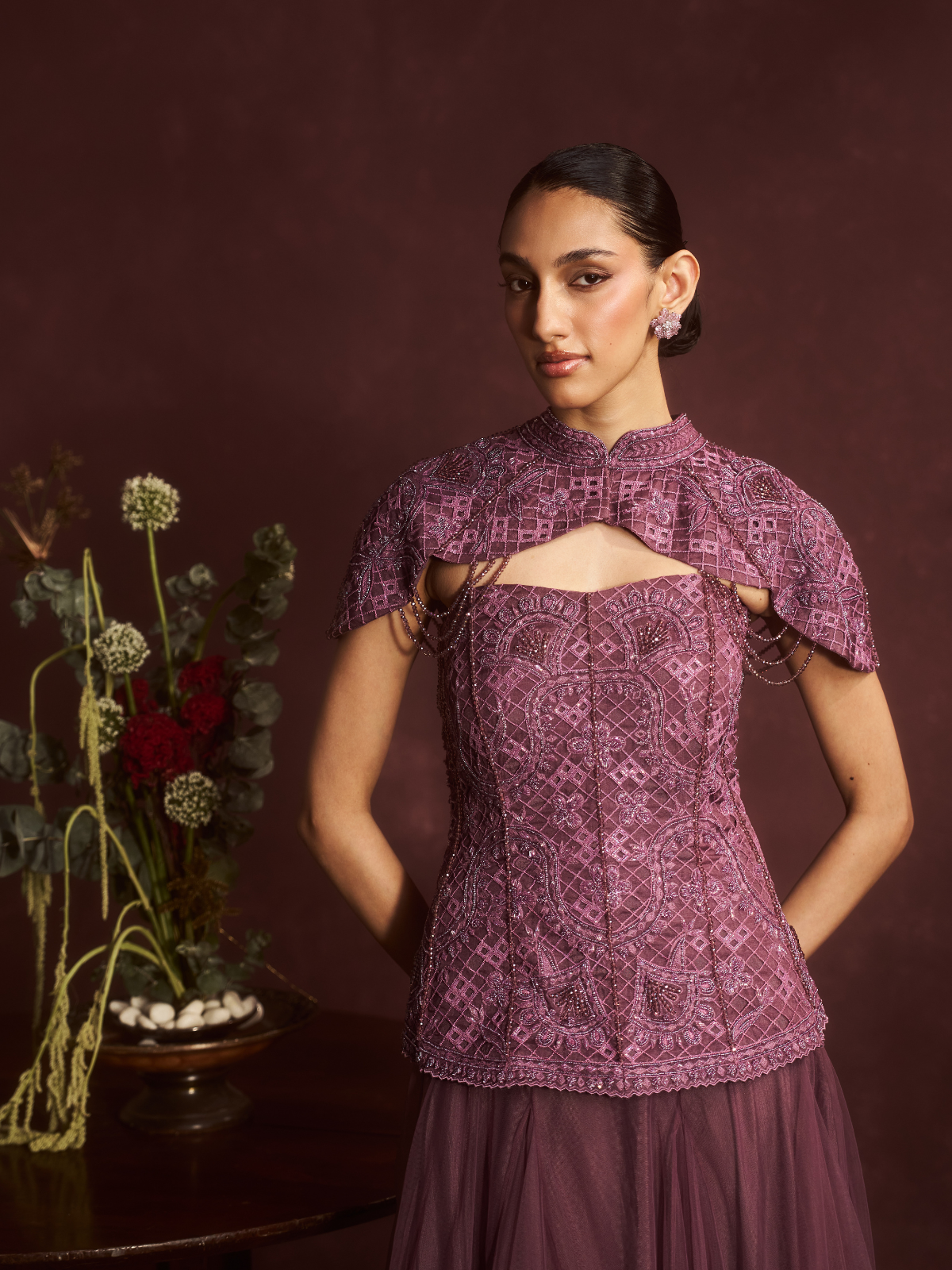 Mauve Embroidered Cape Lehenga Set
