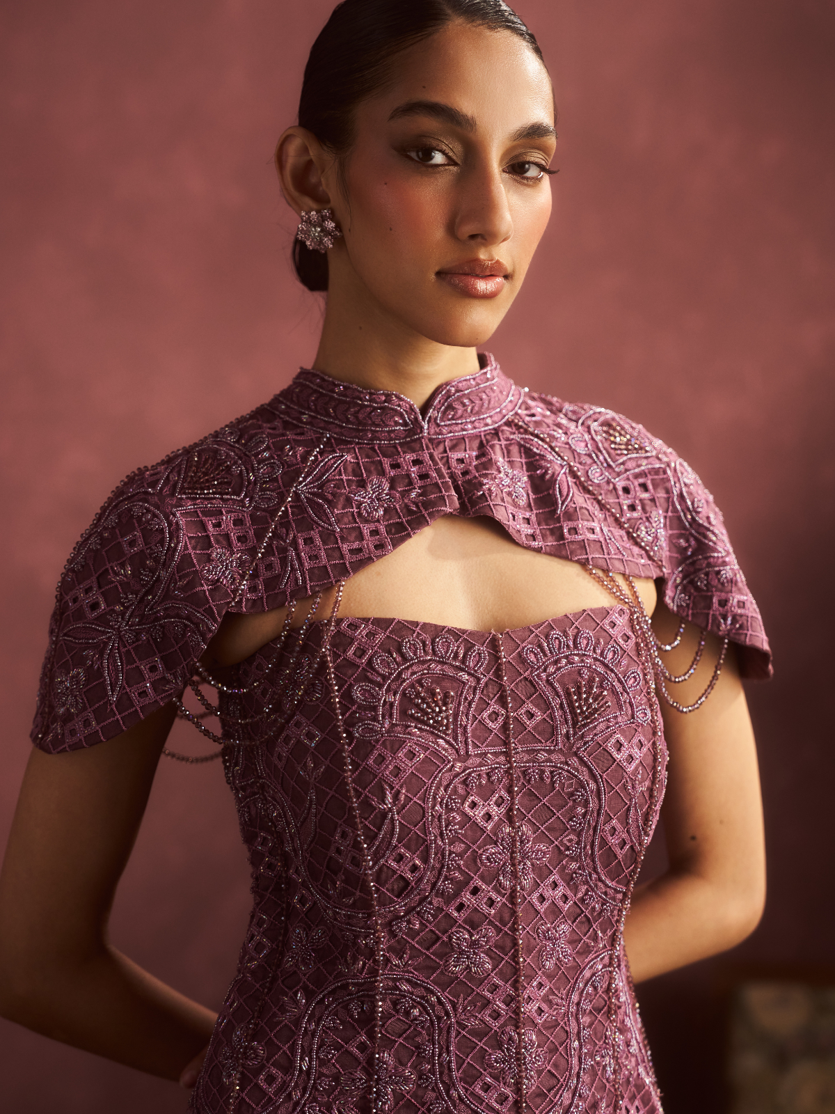 Mauve Embroidered Cape Lehenga Set