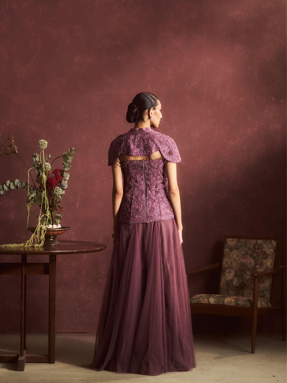 Mauve Embroidered Cape Lehenga Set