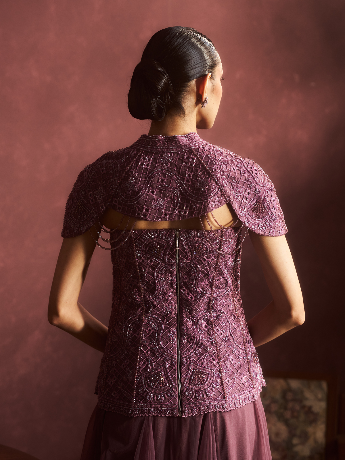Mauve Embroidered Cape Lehenga Set
