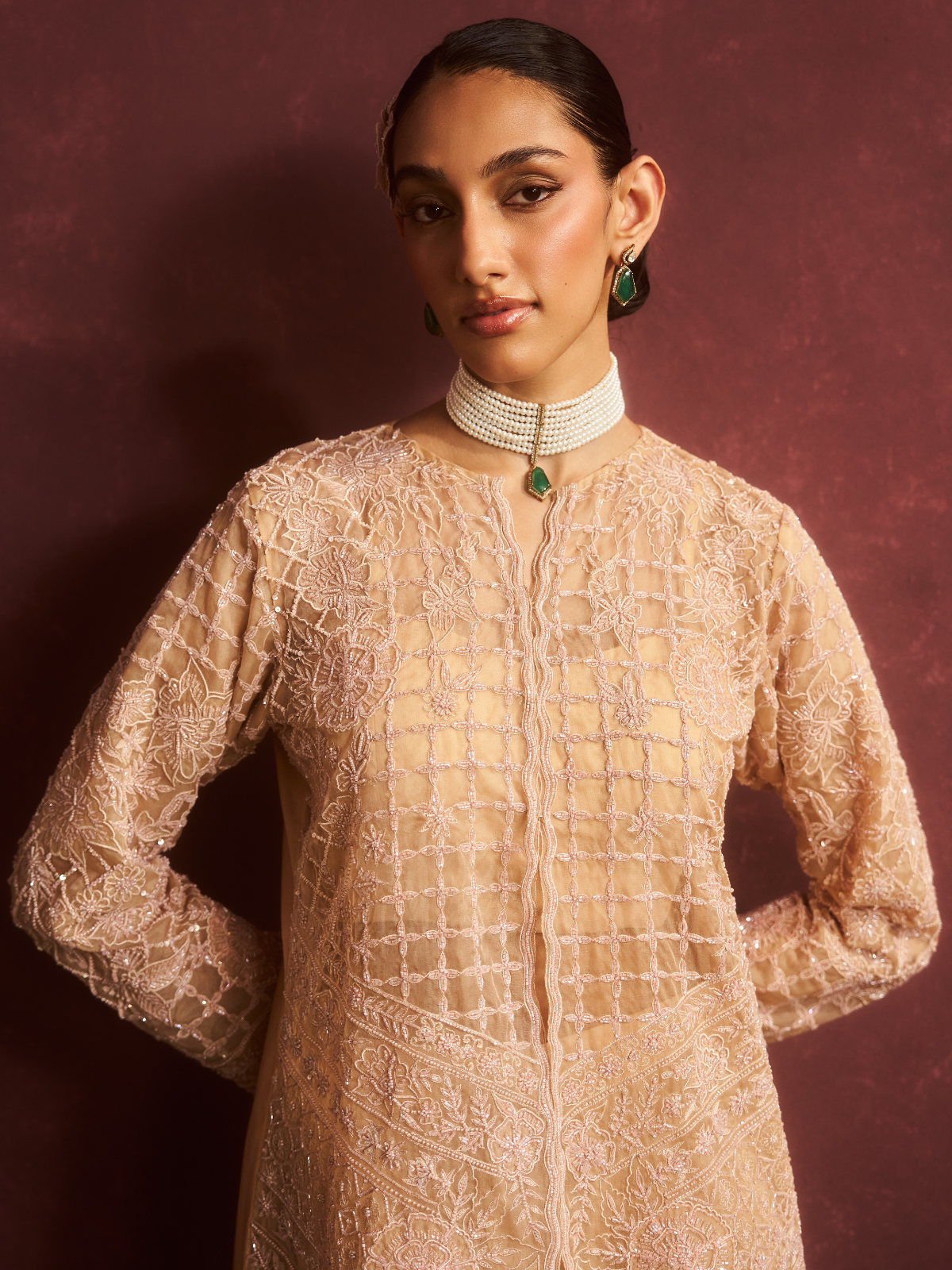 Lattice Embroidered Jacket Set