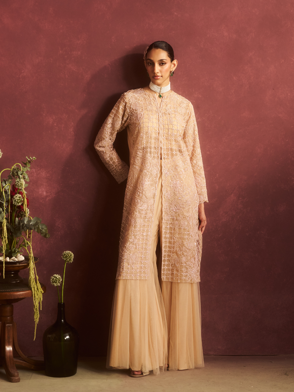 Lattice Embroidered Jacket Set