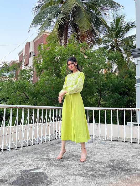 Lime Cutwork Midi Dress