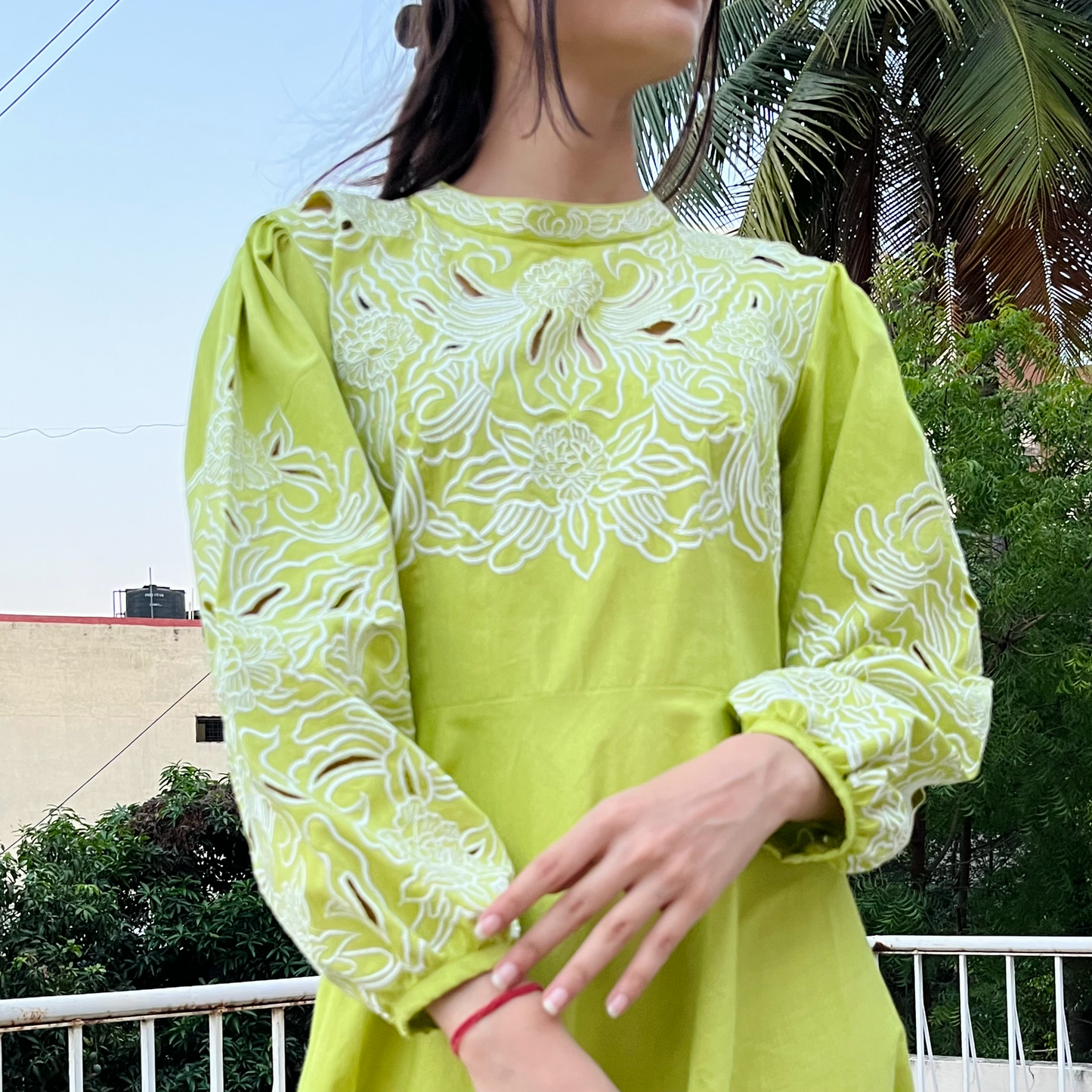 Lime Cutwork Midi Dress