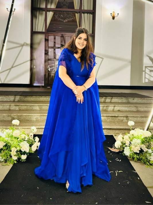 Electric blue cape lehenga Set