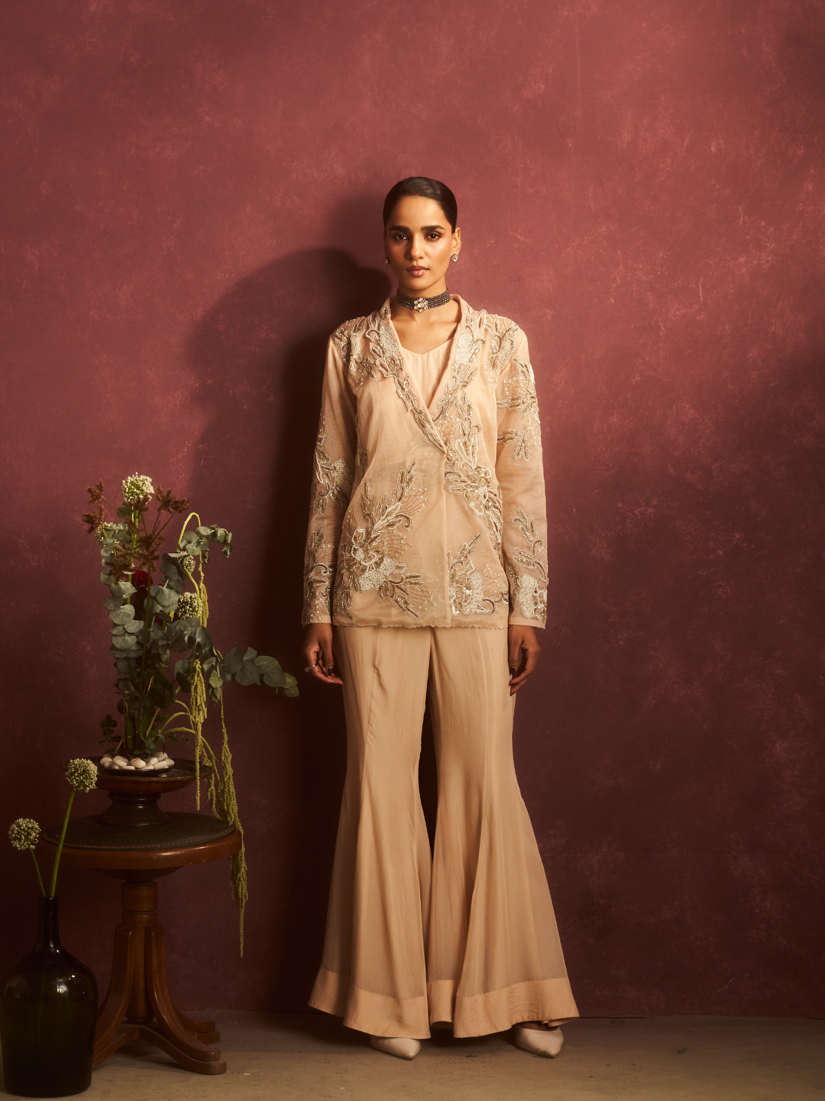 Champagne Embroidered Wrap Jacket Set