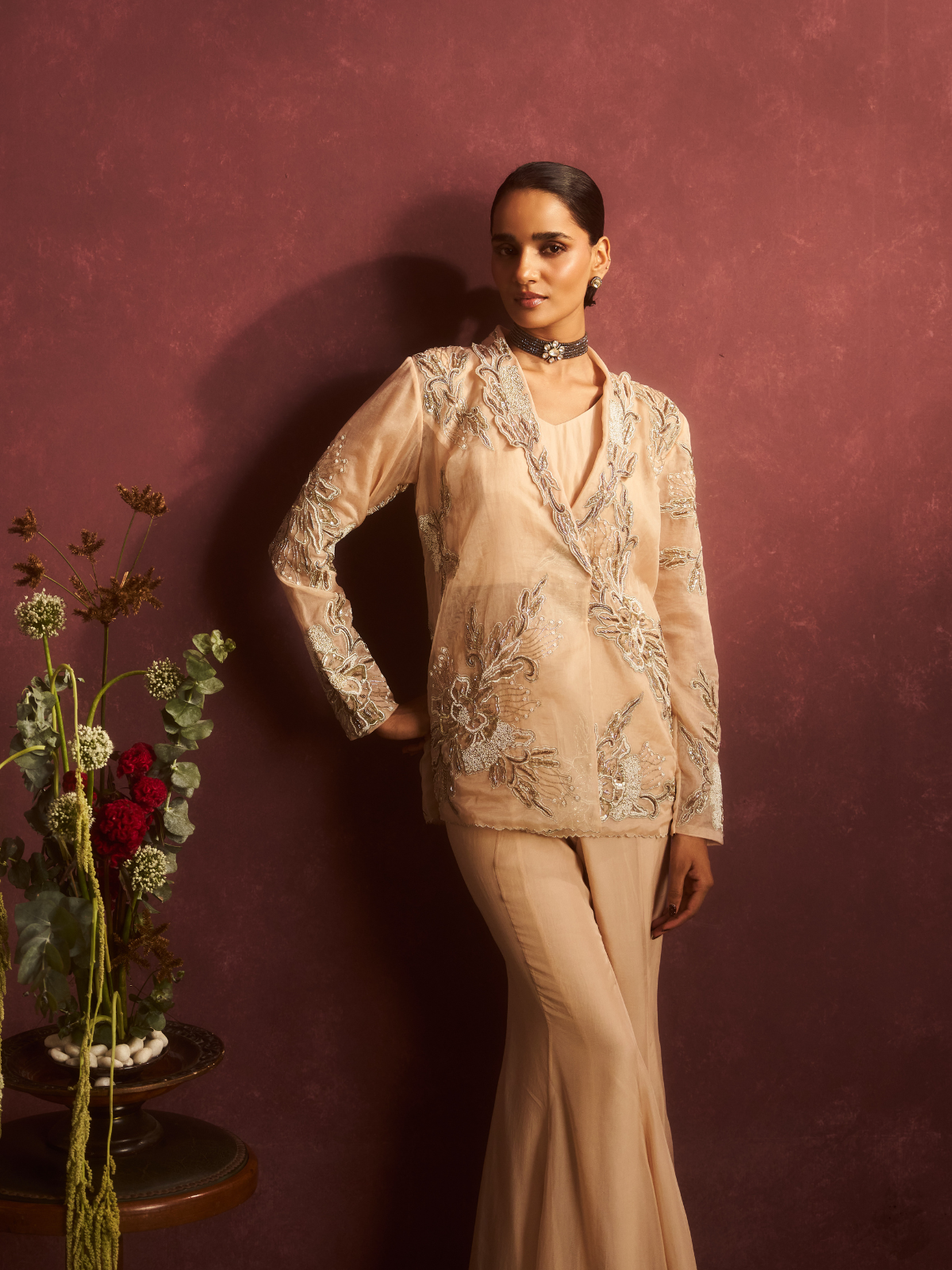 Champagne Embroidered Wrap Jacket Set