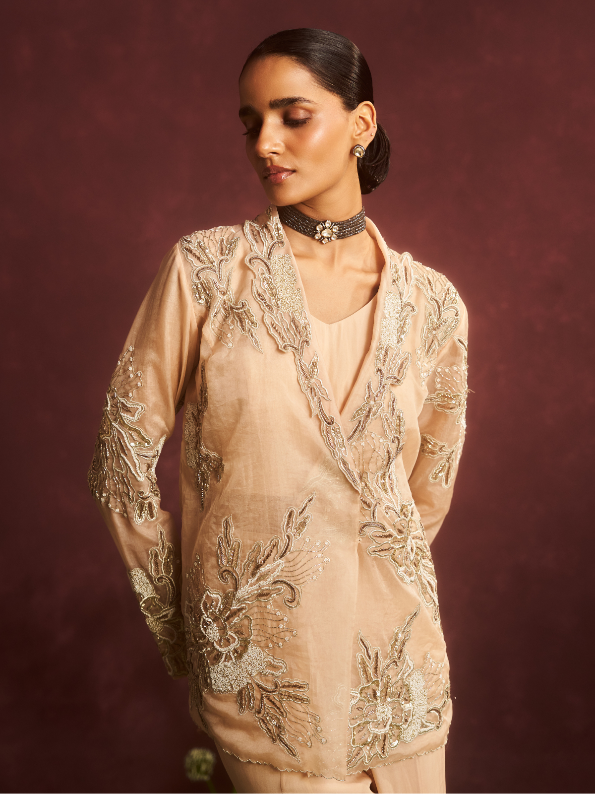 Champagne Embroidered Wrap Jacket Set
