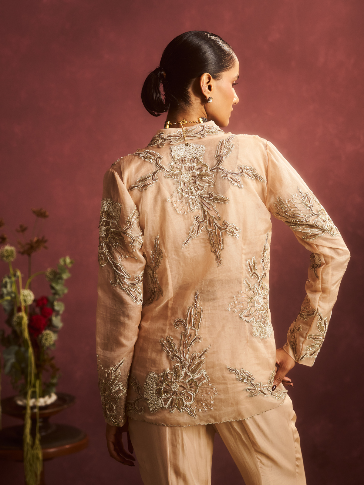 Champagne Embroidered Wrap Jacket Set