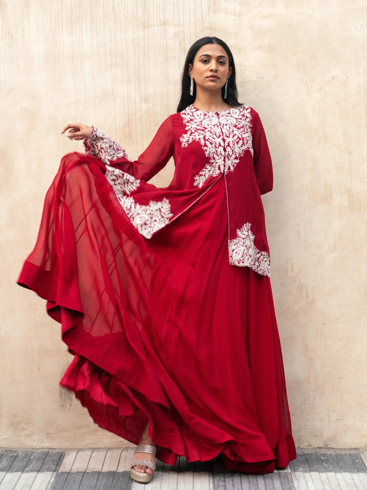 Cherry Layered Flared Gown Set