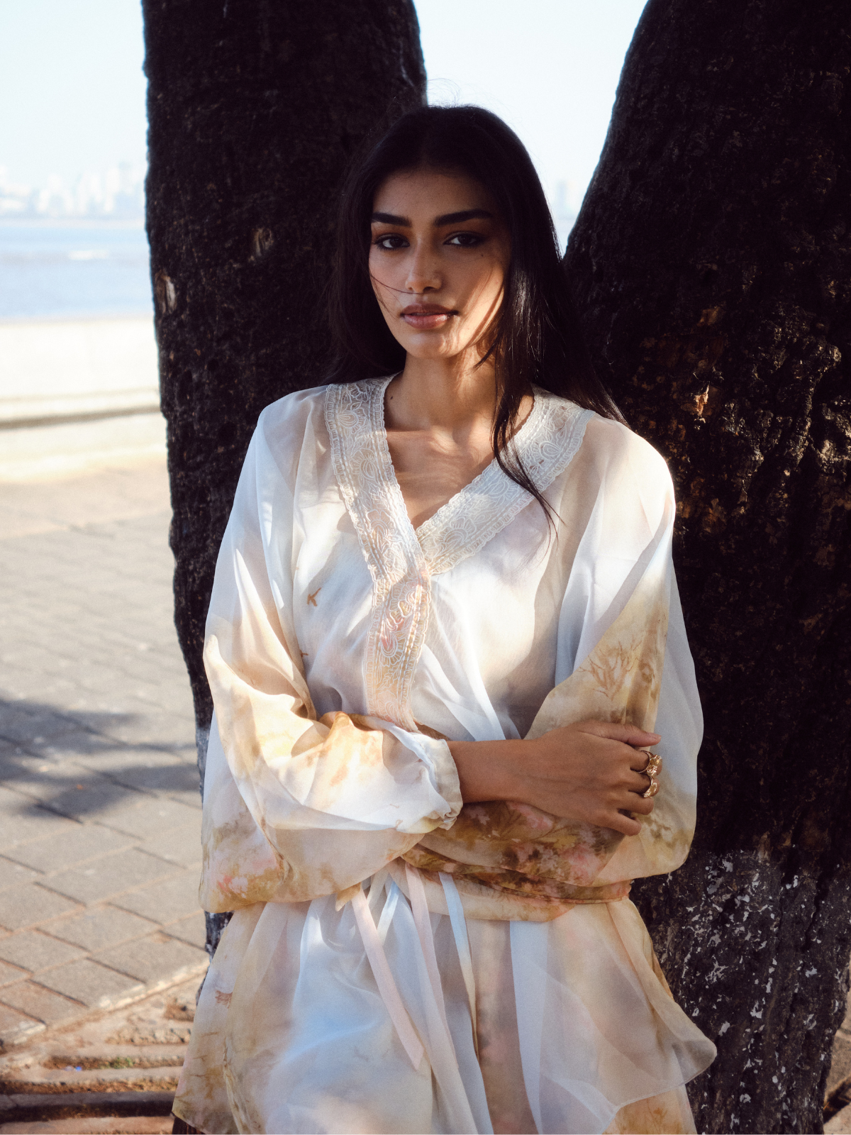 Sheer Overlay Dress With Smocked Inner