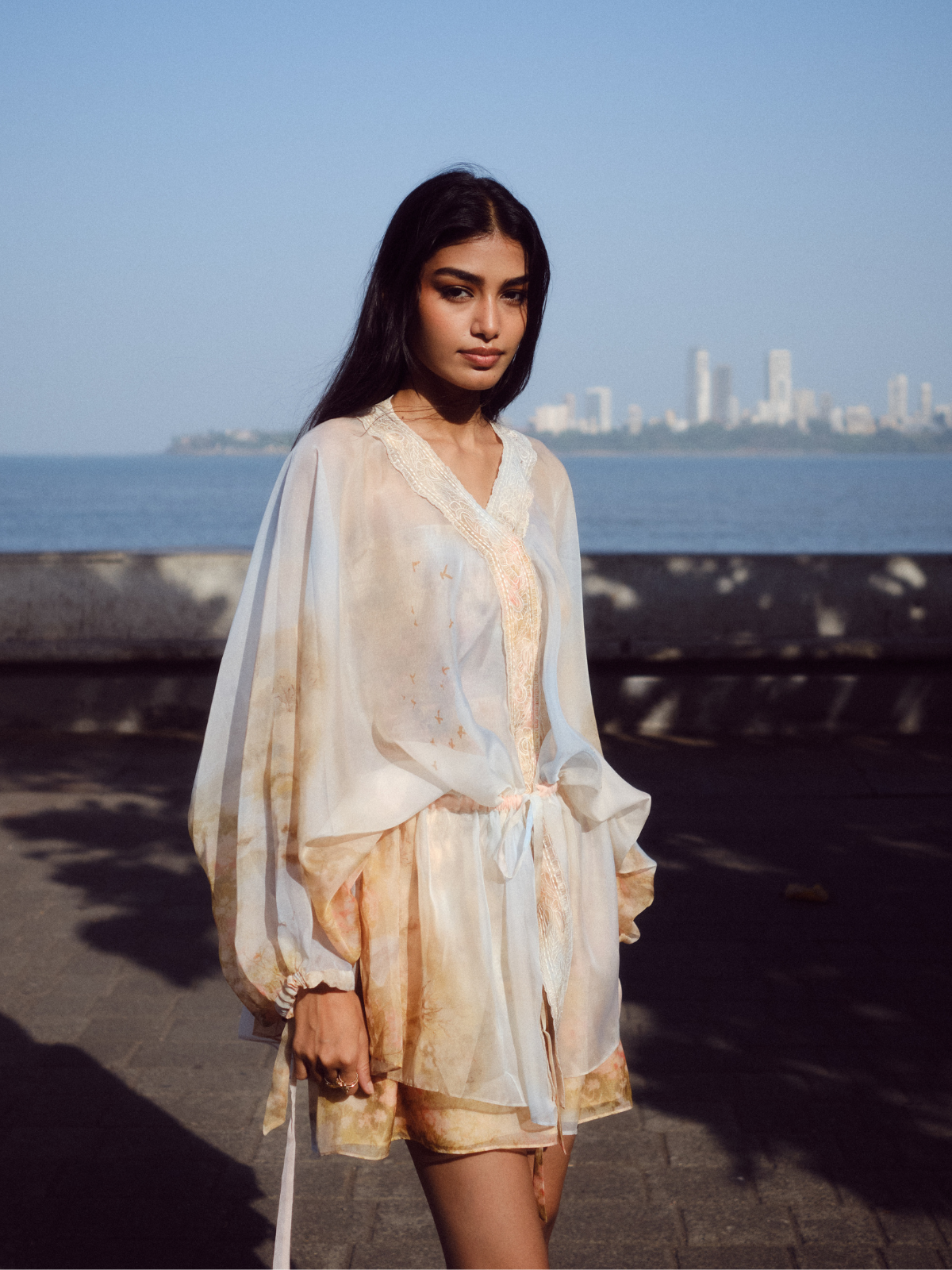 Sheer Overlay Dress With Smocked Inner