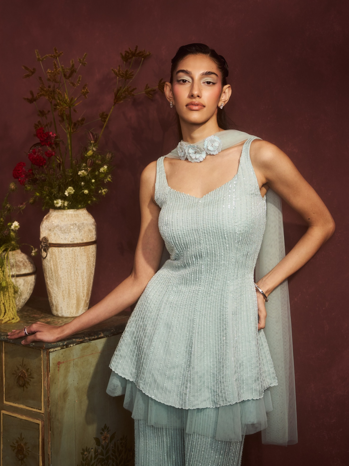 Aqua Pleated Peplum Set