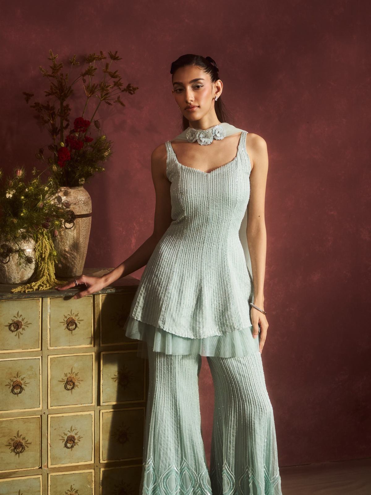 Aqua Pleated Peplum Set