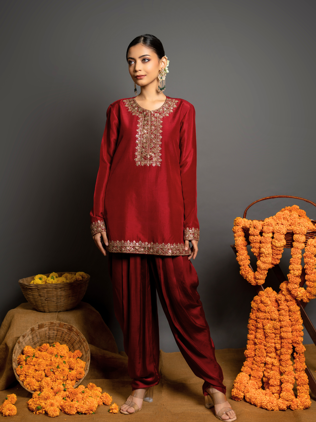 Cherry Red Dhoti Set