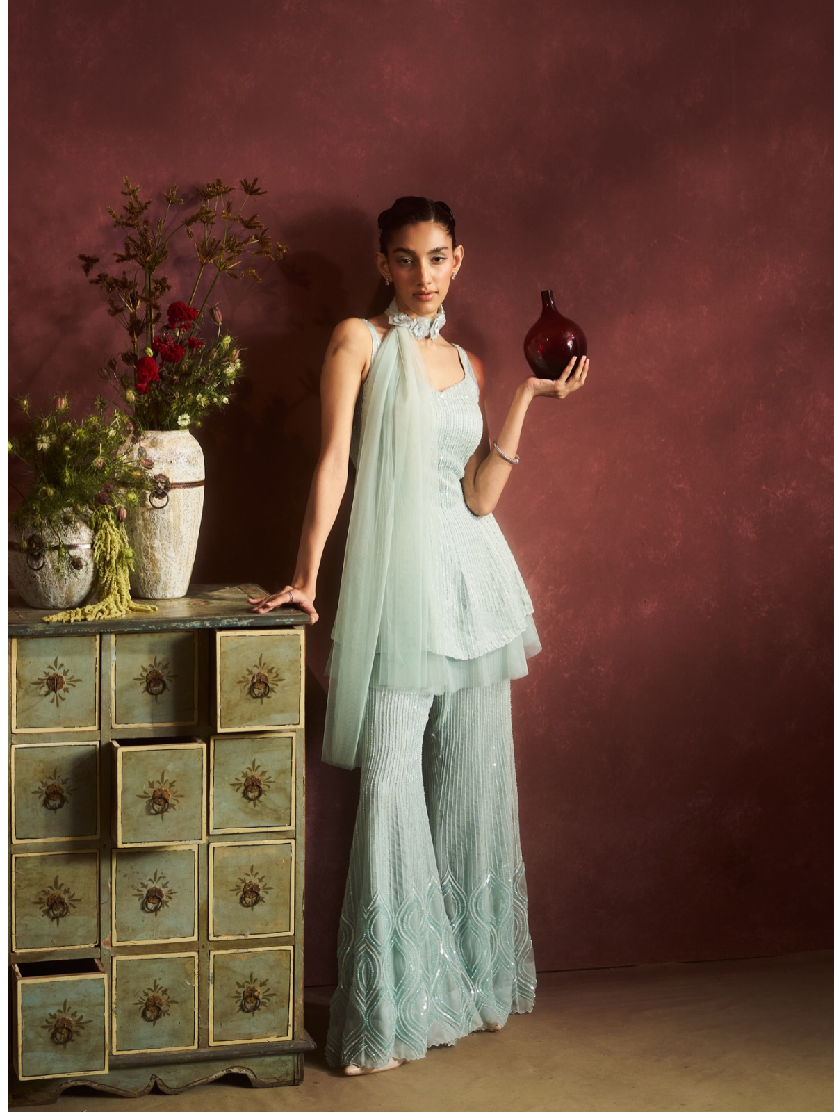 Aqua Pleated Peplum Set
