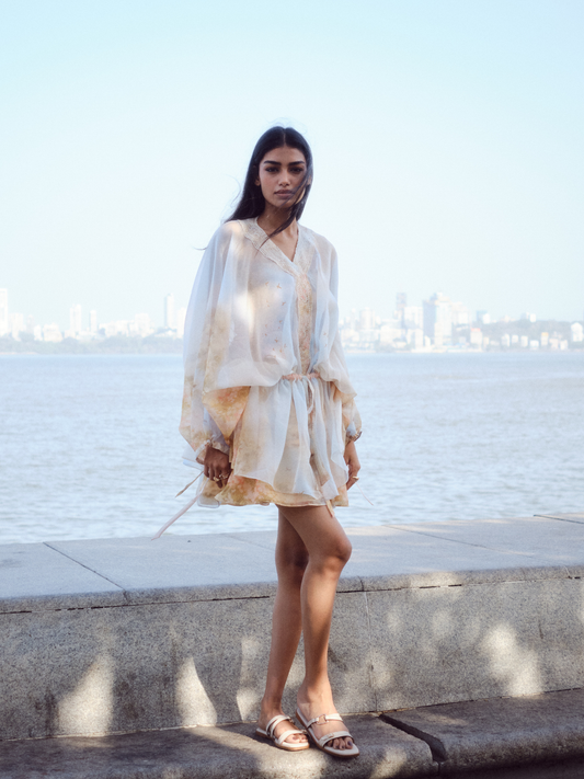 Sheer Overlay Dress With Smocked Inner